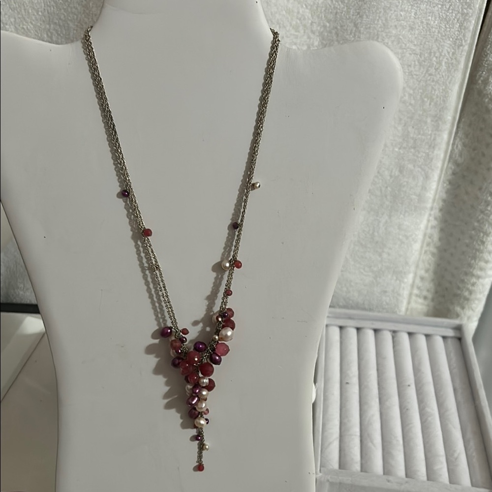Faux Pearl and Purple/Pink Bead Silver Tone Necklace